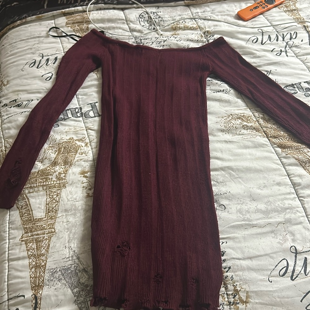 Distressed burgundy sweater dress